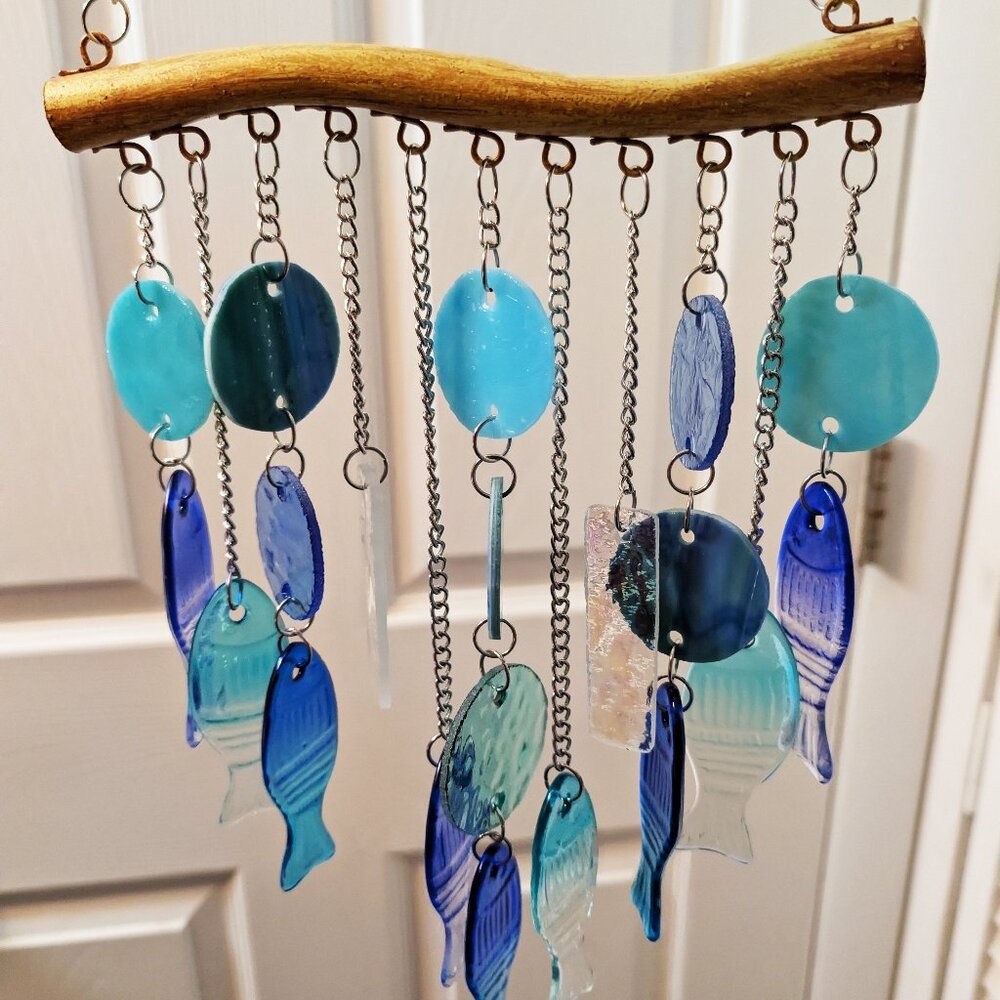 Stunning Stained Glass & Blue Glass Fish Wind Chime - Beach Decor - Picture 10 of 14
